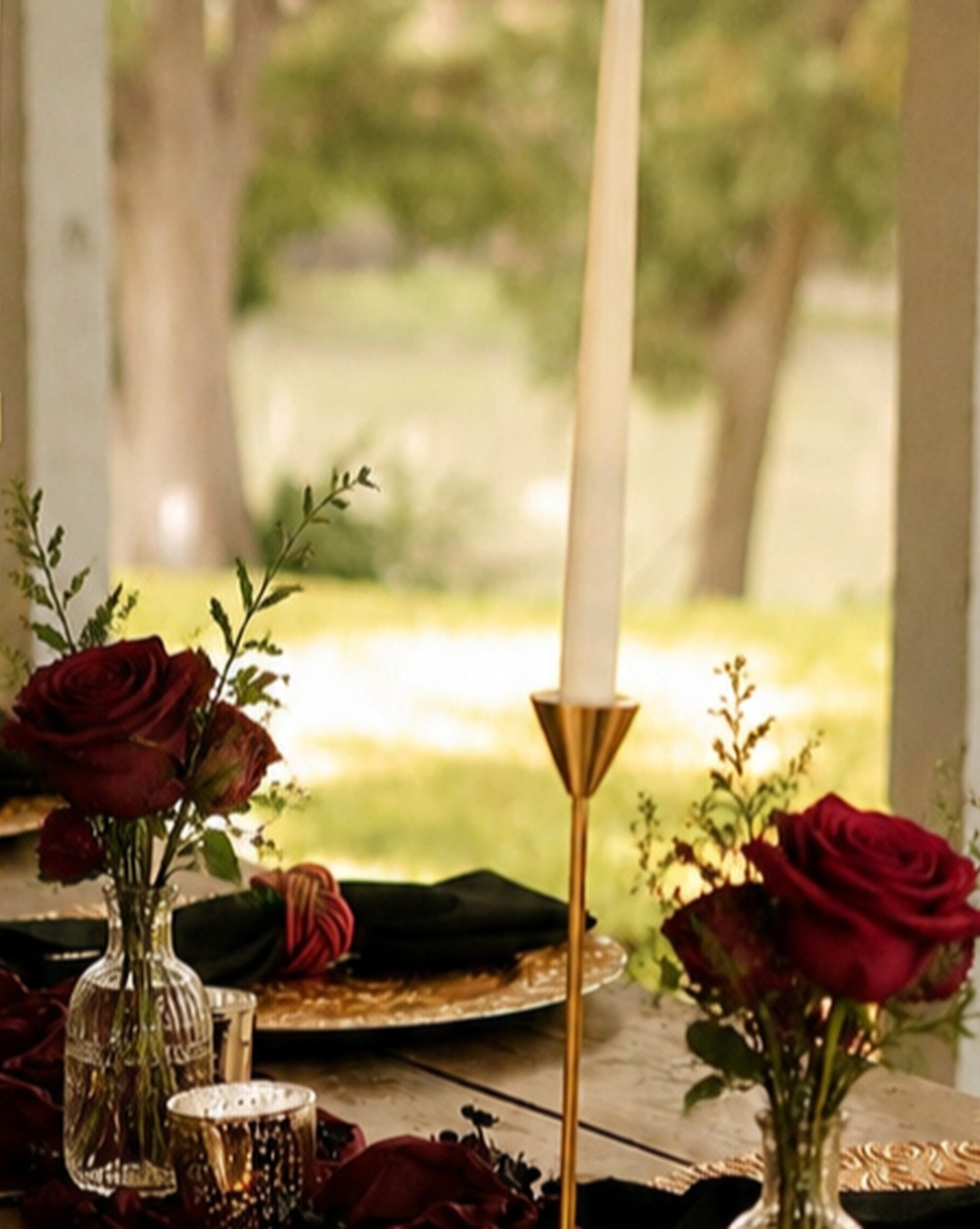 Outdoor reception table with burgundy runner, gold tapers and single red roses in ribbed bud vases