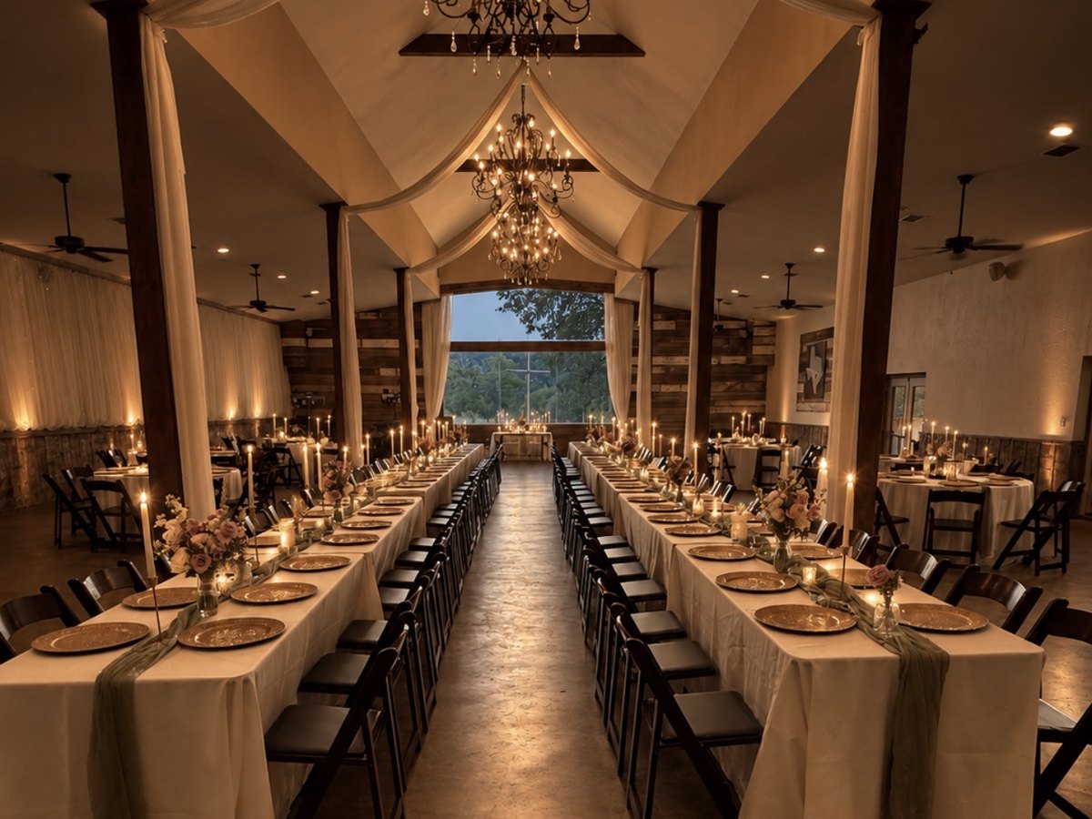Reception hall under a draped ceiling and chandeliers, two long candlelit tables set in white linen with sage runners