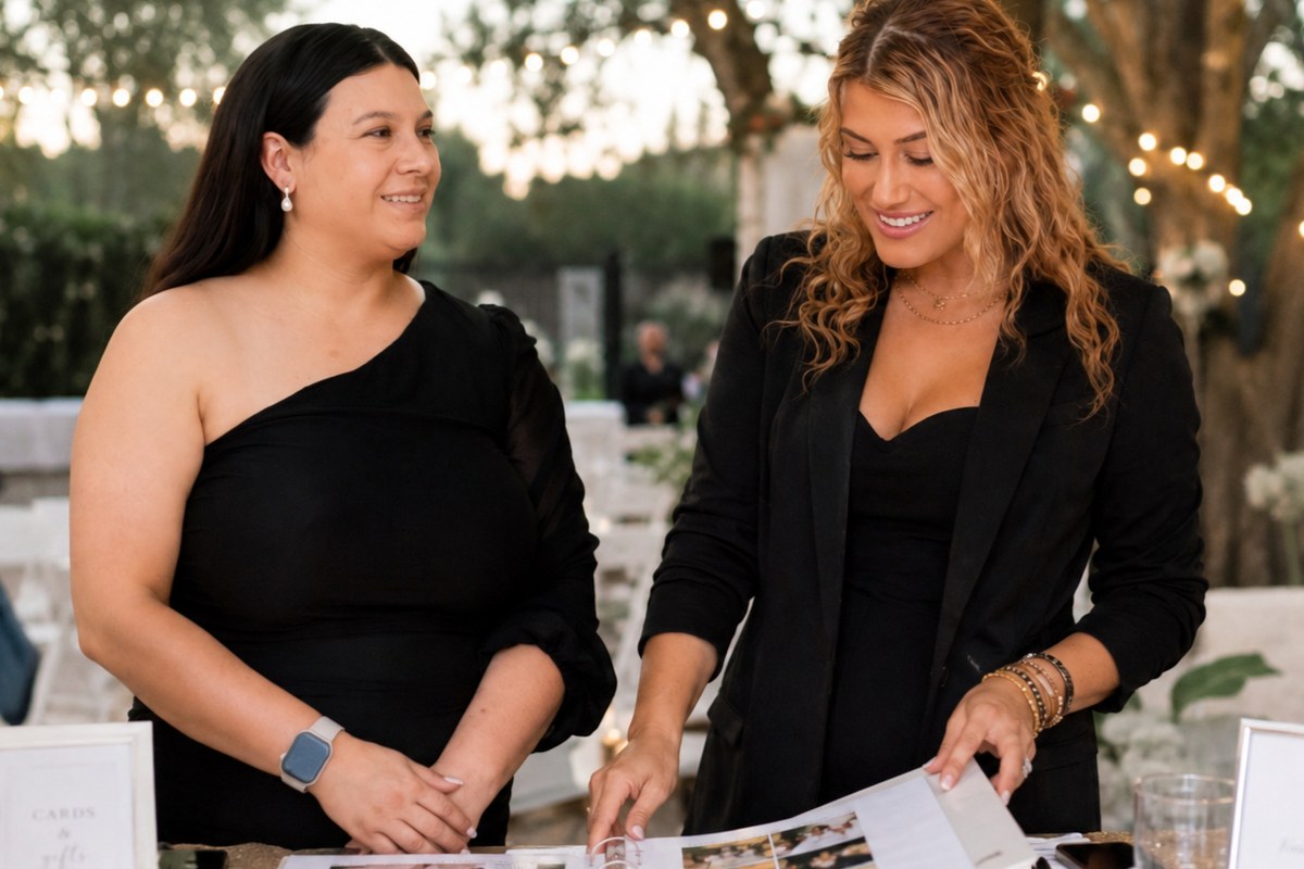 Lauren and Shawna reviewing a planning binder at an outdoor reception table
